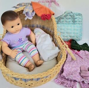 AMERICAN GIRL BITTY BABY LOT, DOLL, MOSES BASKET, DIAPER BAG, CARRIER, CLOTHES